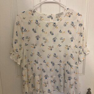 Paper Crane Chiffon Sheer White Yellow and Blue Floral Blouse